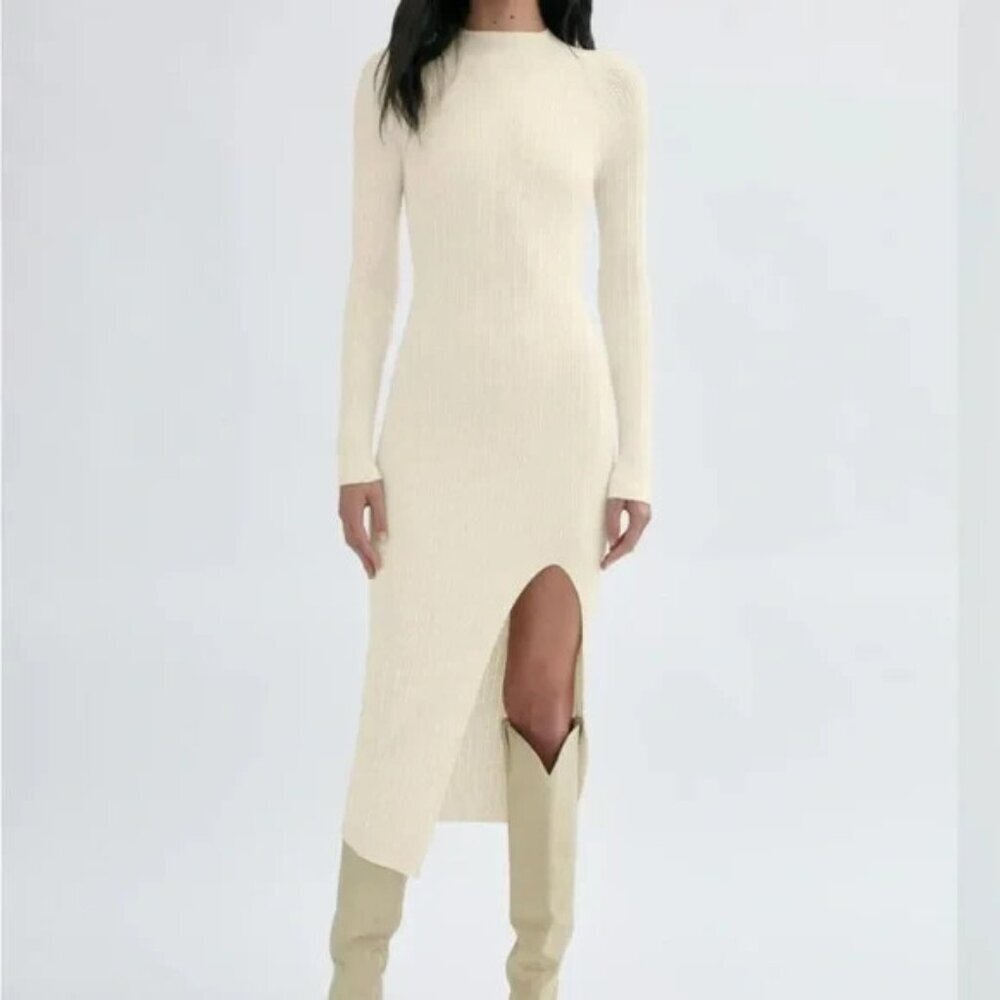 WILFRED FREE Women Alchemy Tight Ribbed Knit‎ Midi Dress Sz M Ivory Slit 55-15
